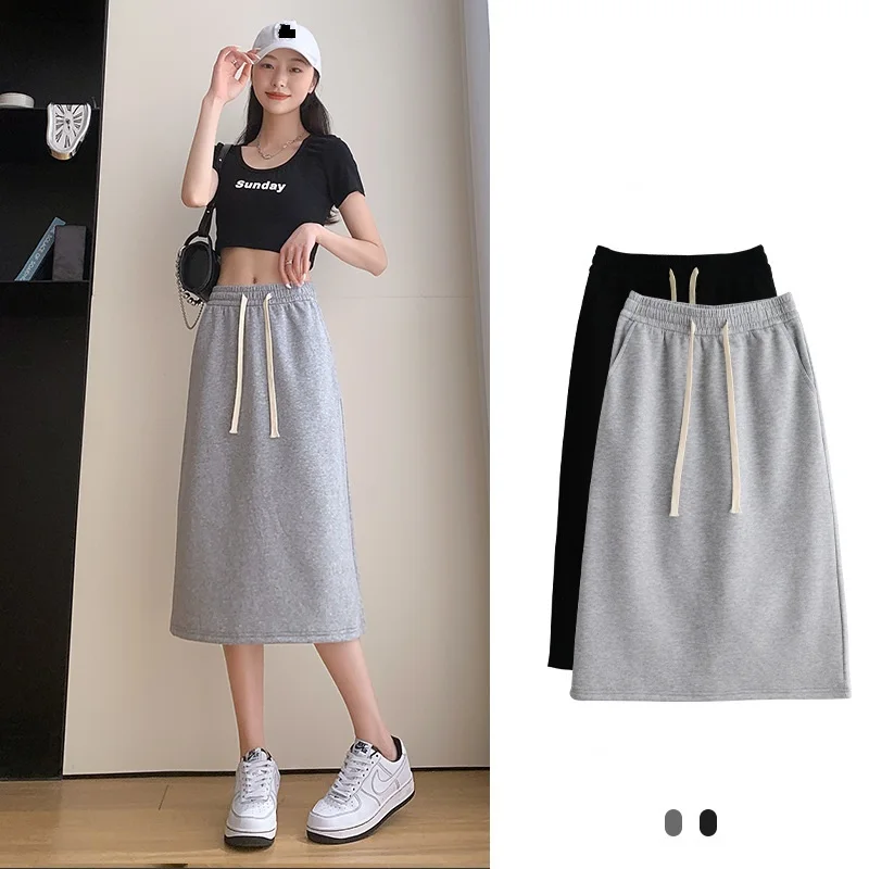 Elastic Waist Lace up Sports Skirts For Woman Spring Summer Loose Casual Buttocks A-line Long Skirt With Pockets Slimming Skirt