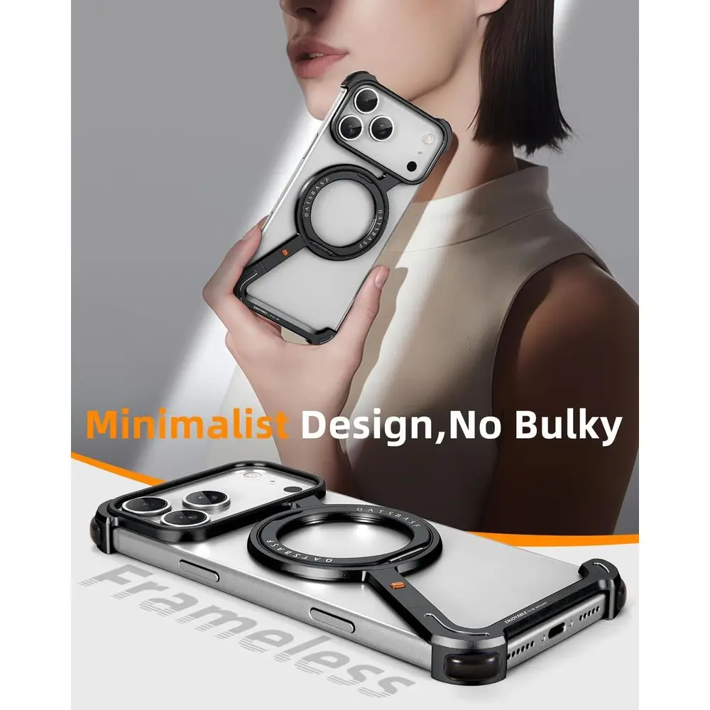 Aluminum Frameless 360° Rotating Stand iPhone 17 Pro Max Case, Shock-Resistant Protective Shell, Black