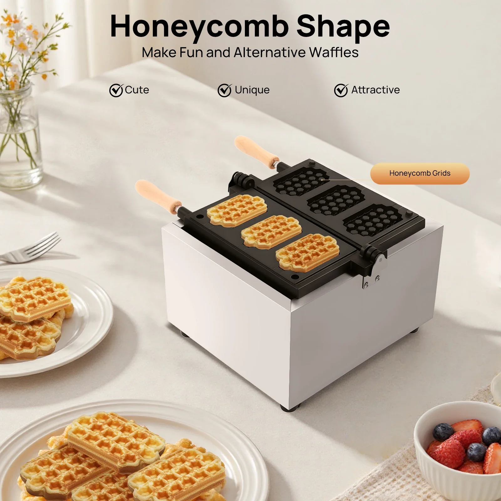 1500W Waffle Maker,50~300℃ Commercial Flippable Donut Waffle Maker,Non-Stick Coating Surface Temperature Control,110V