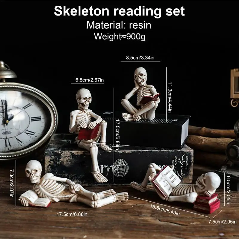 

4pcs Skeleton reading Figurines Halloween Party Decor Indoor Outdoor Garden Yard Sculpture Ornament Crafts Realistic Skeletons