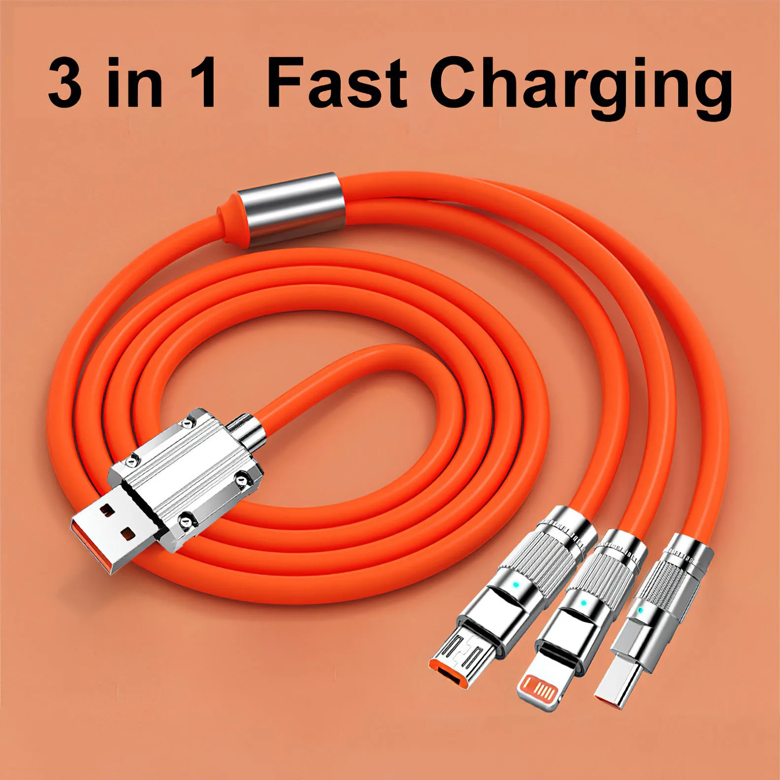 3 in 1 Fast Charging Cable for iPhone iPad Samsung Android Smart Phone(1.2M/4FT)