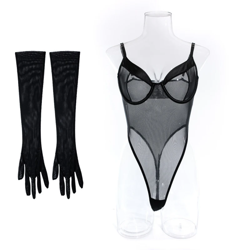 

Bikini mesh see-through outfit with camisole bodysuit and gloves swimsuit