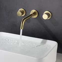 Bathroom Basin Faucet Brushed Gold/Black 2-Handle 3-Hole Wall Mounted Bathroom Sink Faucet Knurling Handle