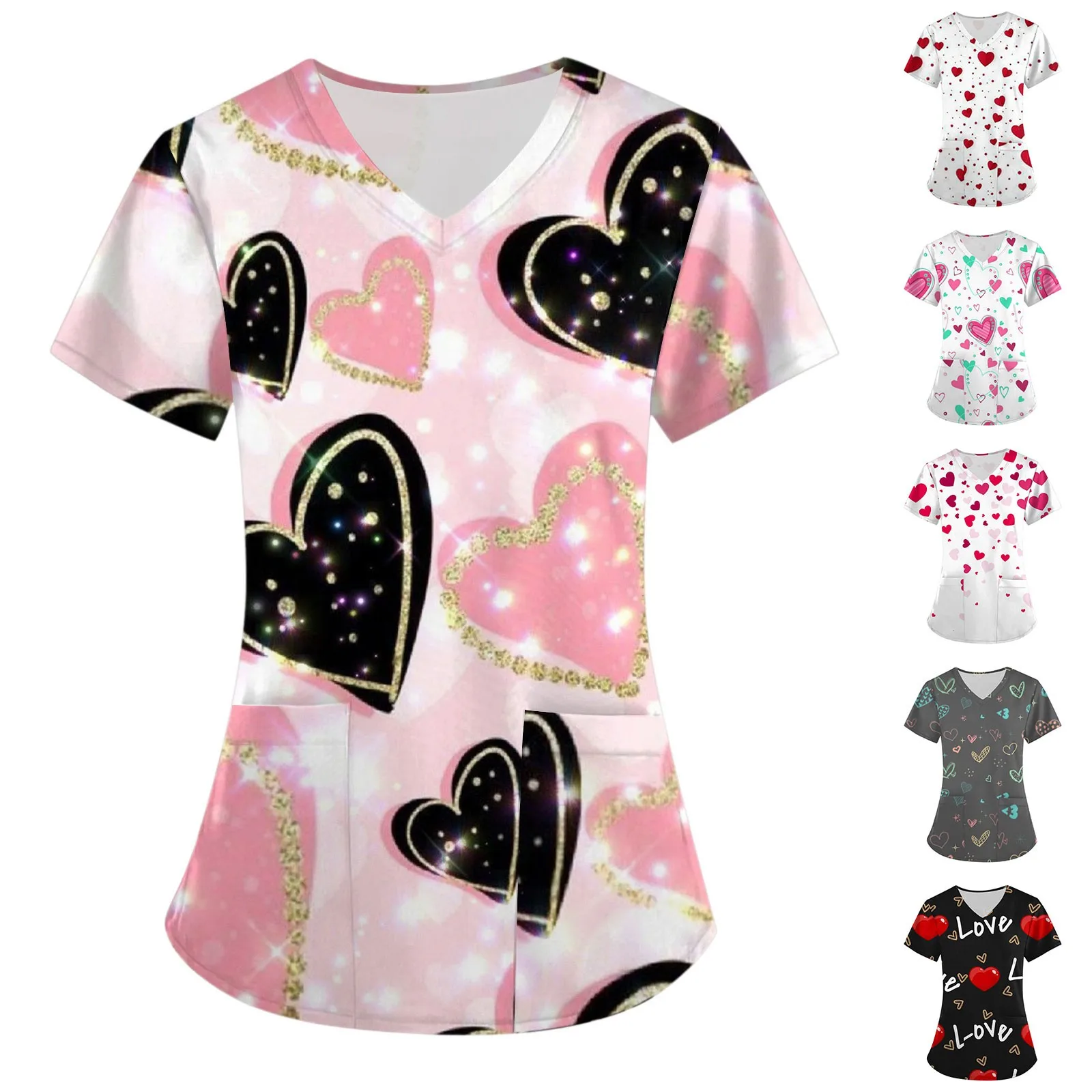 Valentine Day Femme Blouse Nurse work wear Medical Uniforms Women Working Uniform Heart Print Cartoon Short Sleeve V-neck Tops