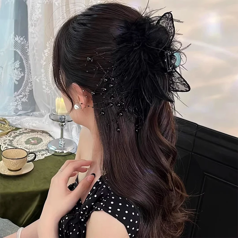 Romantic Black Feather Rabbit Ear Hair Claw Fashion Advanced Sense Hairpins For Women Shark Clip Hair Accessories