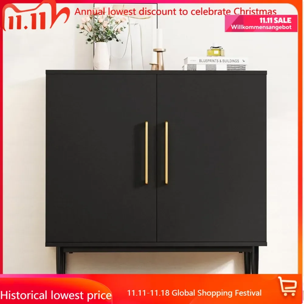 Modern Storage Cabinet, Free Standing Buffet Cabinet, Black Sideboard and Buffet Storage, Wood Accent Cabinet for Living Room, H