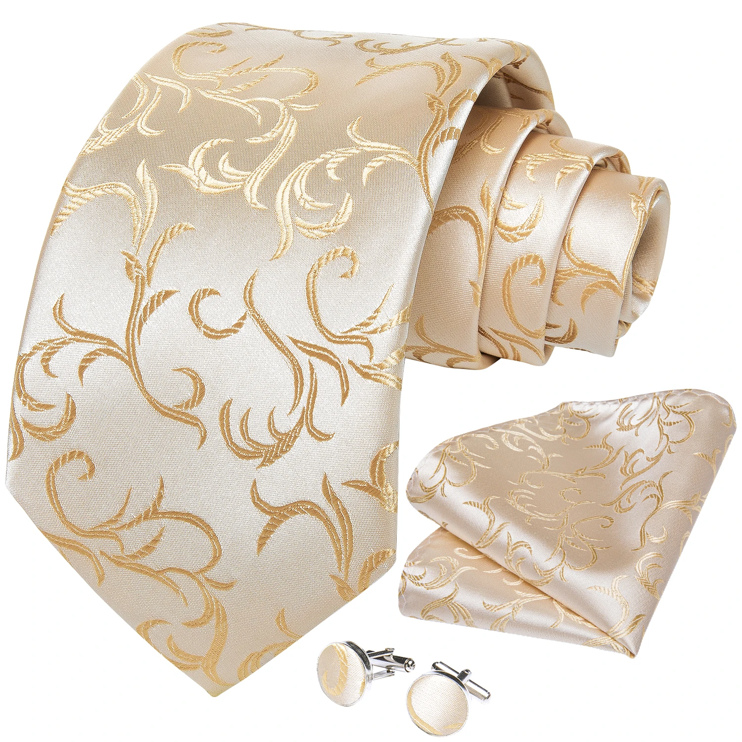 Beige dorado Floral hombres corbata pañuelo gemelos conjunto Jacquard corbata para hombre boda corbatas de negocios regalo Formal Casual