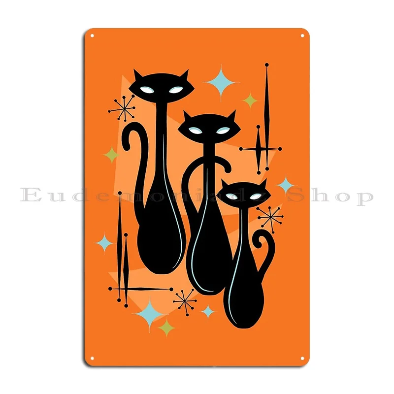 Effervescent Orange Atomic Age Black Kitschy Cat Trio Metal Signs Garage Club Wall Cave Design Pub Personalized Tin Sign Poster