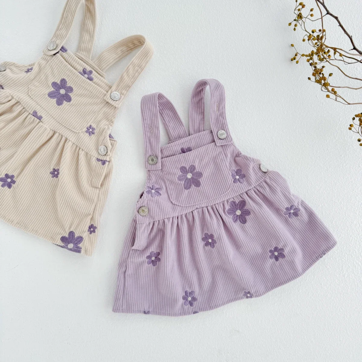 Baby Girl Corduroy Overall Dress Toddler Purple Floral Embroidery Suspender Skirt Infant Adjustable Strap Pinafore Dress