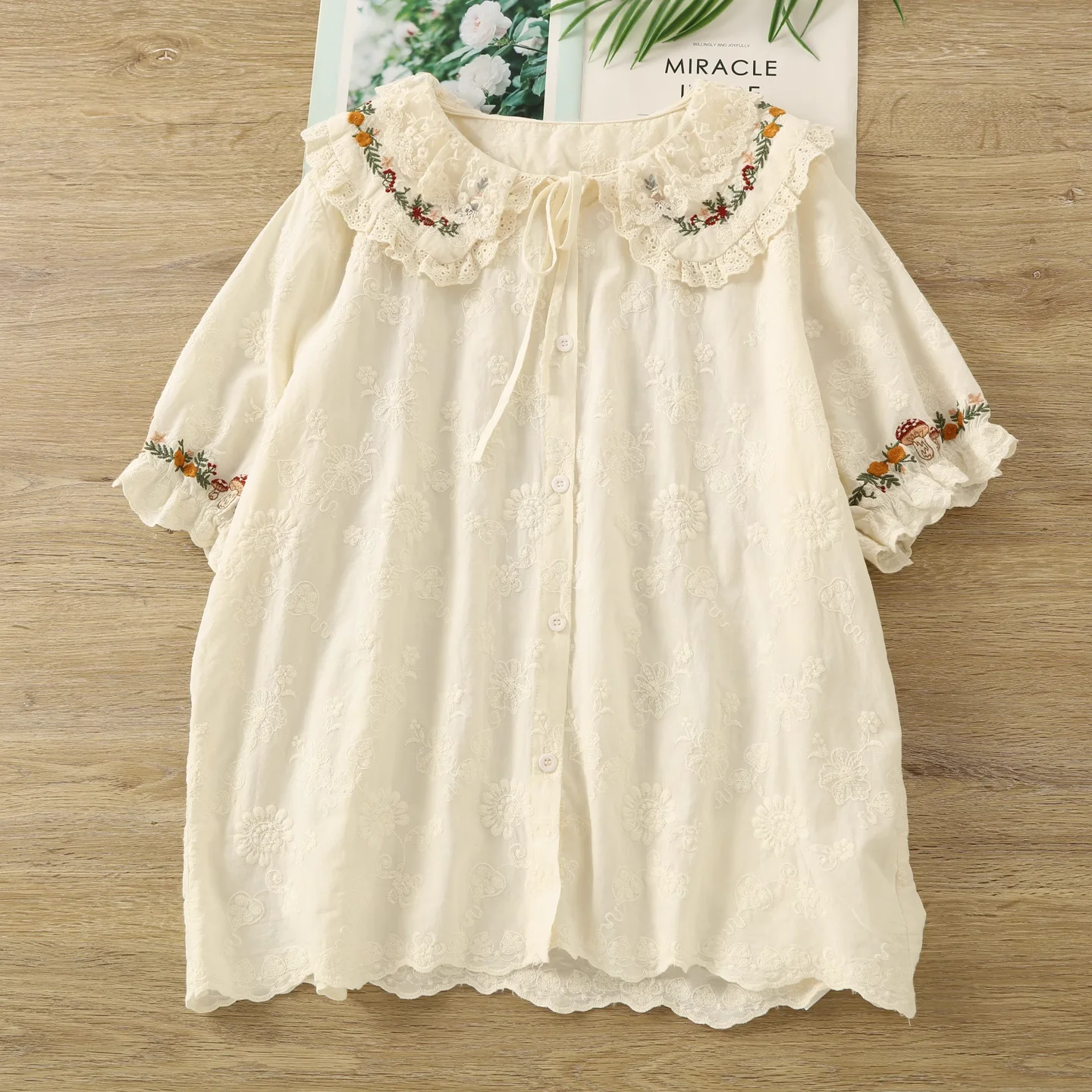 Dolce lolita abbigliamento ragazza della foresta Giappone stile cotone kawaii colletto alla Peter Pan pizzo ricama camicie e camicette donna top carini