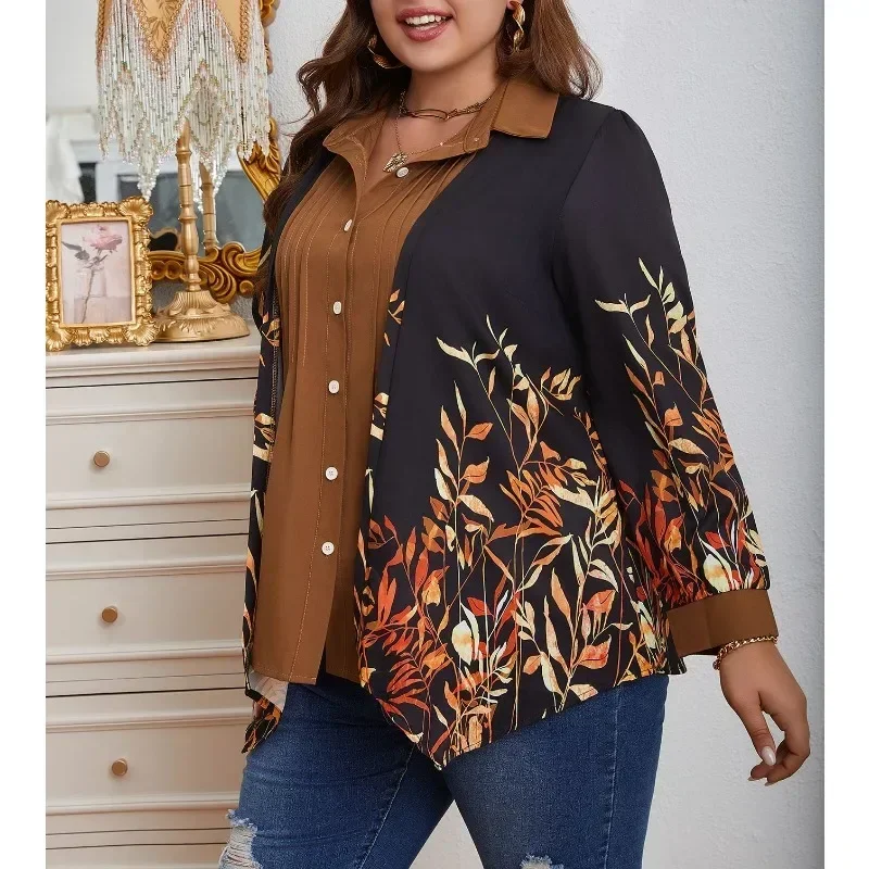 Plus Size 1XL-5XL Women\'s Casual Colorblock Leaf Print Button Up Shirt Ladies Fashion Long Sleeve Turn Down Collar Blouse