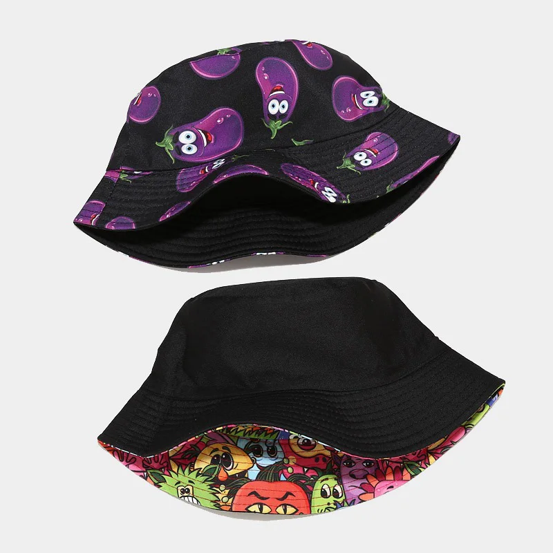 Vegetables Print Bucket Hats Women Men\'s Panama Hat Double-sided Foldable Summer Cap Hamburger Pepper Tomatoes Graffiti Sun Hat