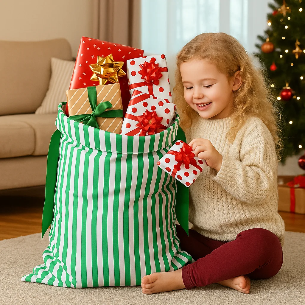 مخطط عيد الميلاد سانتا كيس قابلة لإعادة الاستخدام قماش الحلوى شنطة هدايا سعة كبيرة سانتا كلوز هدية عيد الميلاد حقيبة للأطفال #4