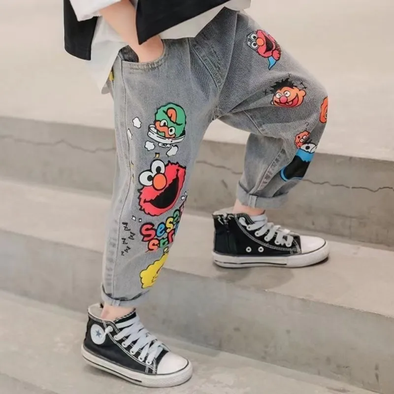 Boys Jeans Pant Spring and Autumn Boys Printed Jeans New Medium and Children\'s Loose Western Style  Boys’ Casual Pants