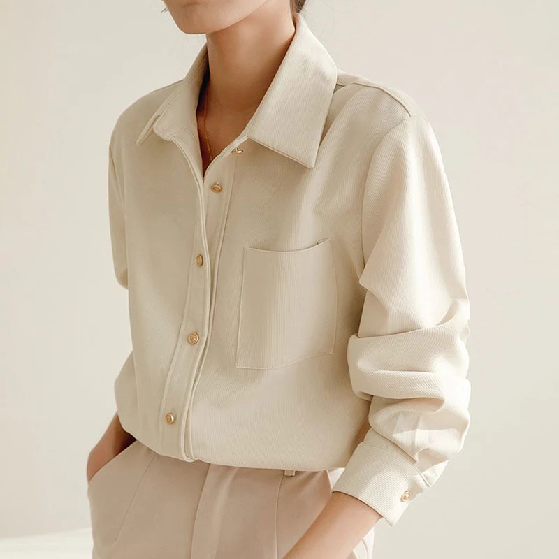 Camisa blanca francesa de manga larga para mujer, blusa holgada doblada de pana cepillada para primavera y otoño 2023