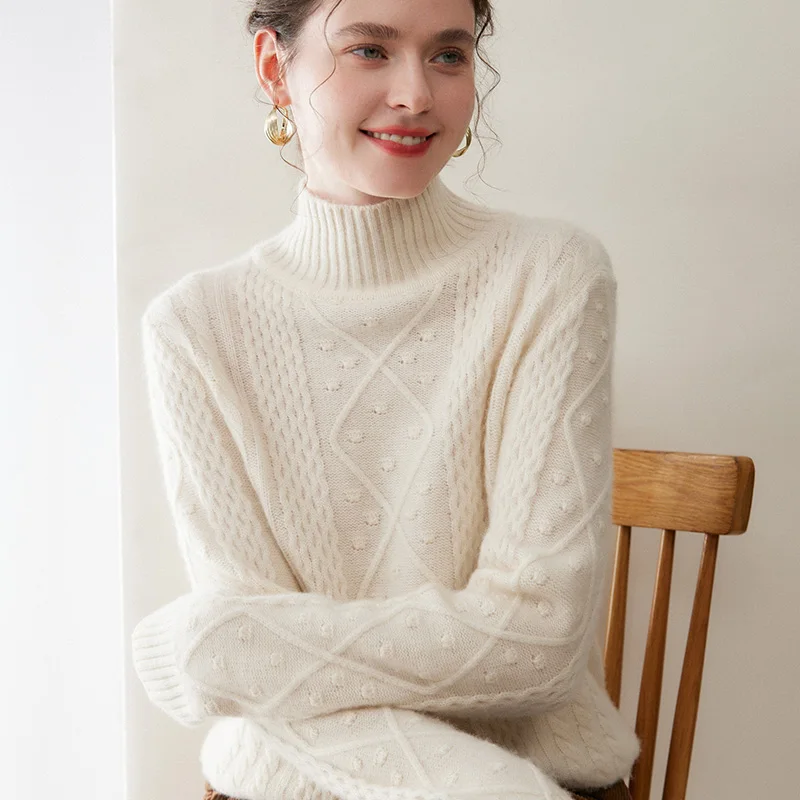 

2025 Women's 100% Cashmere Sweater Thick Cashmere Knit Mock-neck Long Sleeve Pullover Autumn Winter High Quality Knitwear Top