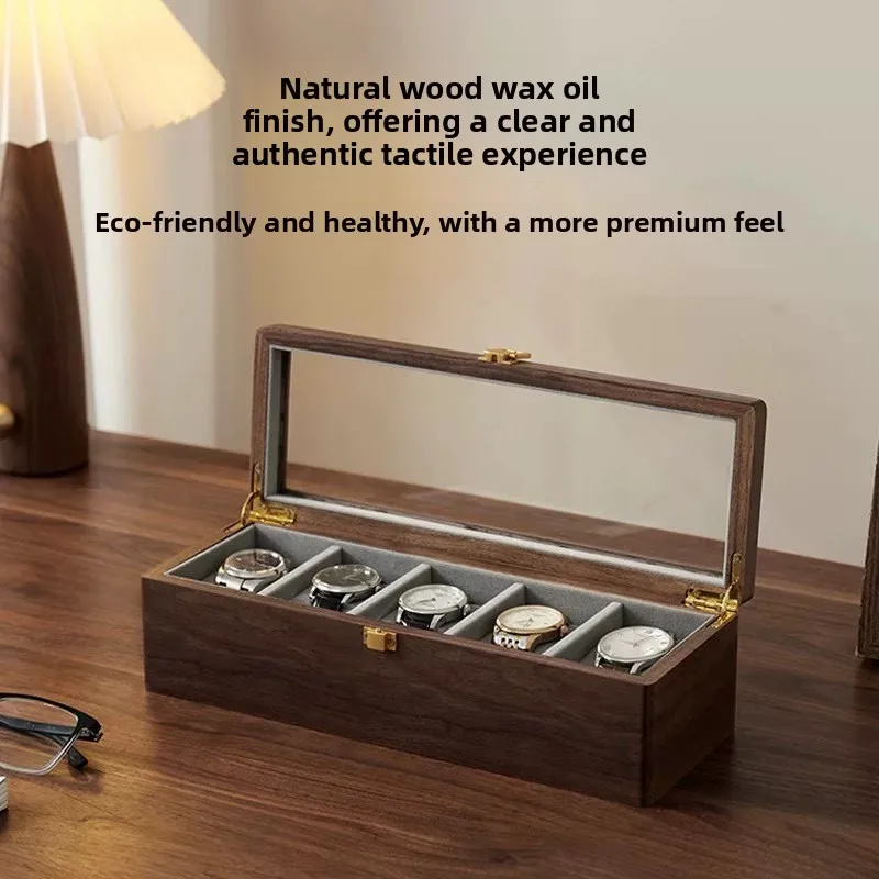 Minimalist Solid Wood Watch Box with Tempered Glass Dustproof Lid Extra Large Wide Multi Slot Watch Organizer Display Case