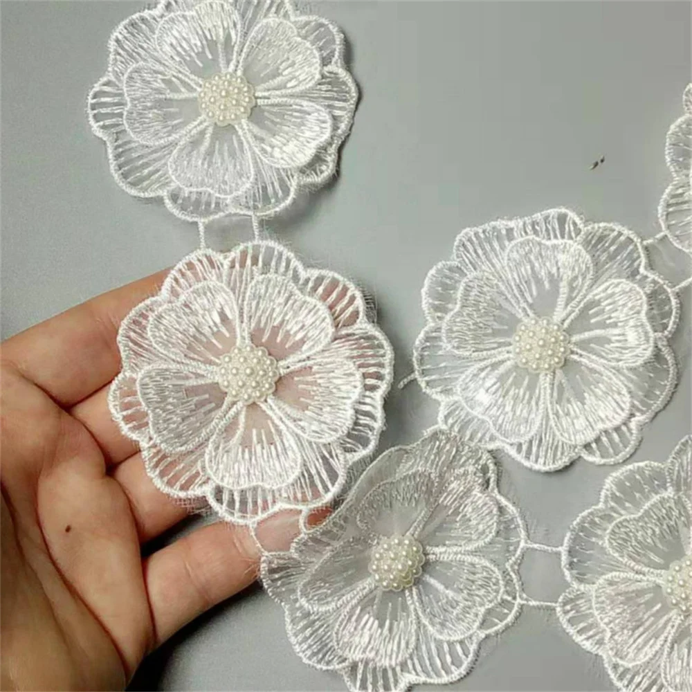 10X White Pearl Beaded Flower Leaf Embroidered Lace Trim Ribbon Applique Handmade DIY Clothes Wedding Dress Sewing Craft Hot