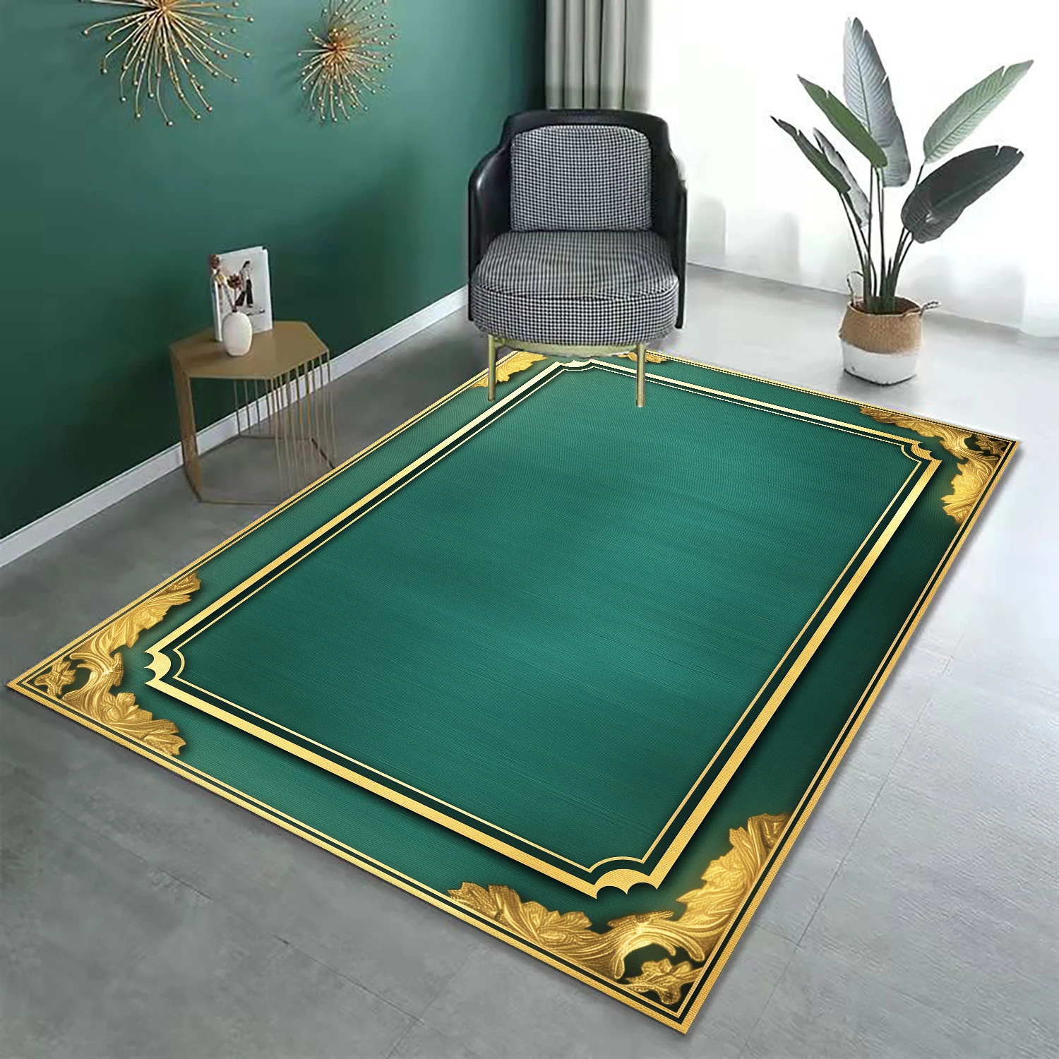 Dark Green Gold Frame Carpet for Living Room Home Soft Fluffy Sofa Area  Decorative Rug  Bedroom Cloakroom Washable Non-slip Mat