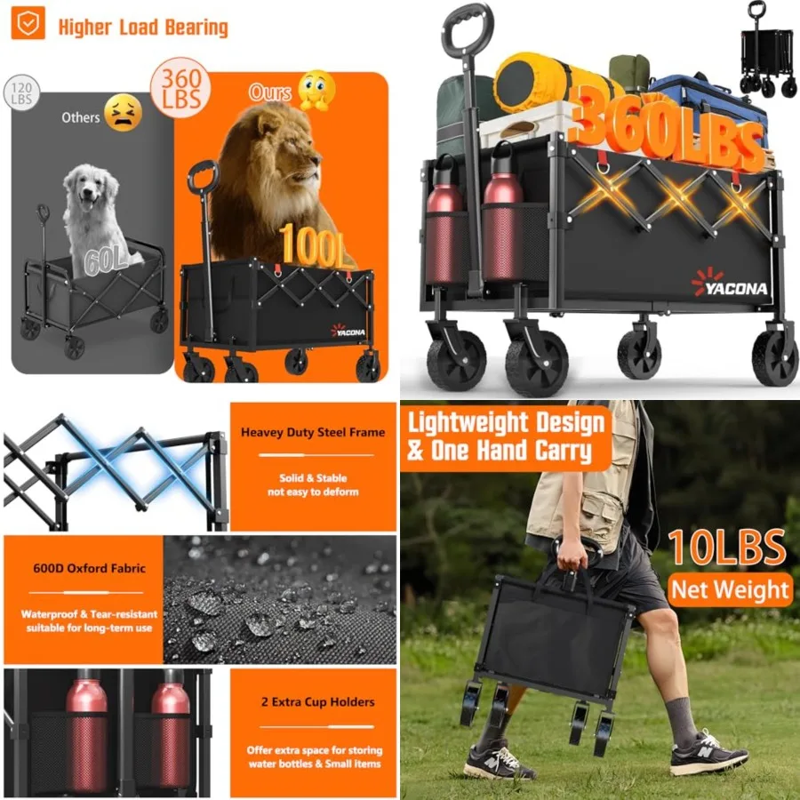 

Wagons Carts Foldable, Lightweight Portable Utility Shopping Cart with Wheels, Folding Grocery Wagon Cart for Grocery, Camping,