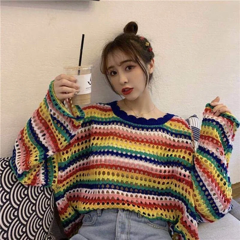 Rainbow Ladies Sweater Kawaii Tops with Headings Harajuku Crochet Knitted Sweaters for Women Cute Cashmere Autumn 2024 Trend New