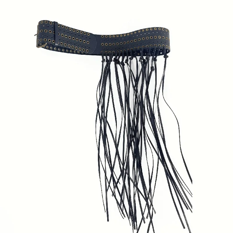 Women's Punk Rock Black Wide Waist Belt With Tassel Fringes And Eyelet Detailing Y2k Studded And Eyelet Nightclub Babe Belt