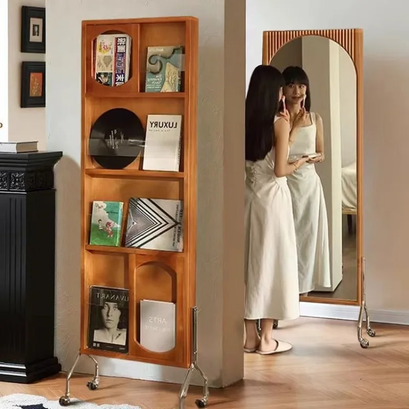 mid-retro style dressing full-body mirror, floor-to-ceiling rotating bookshelf cabinet, magazine integrated solid wood entrance
