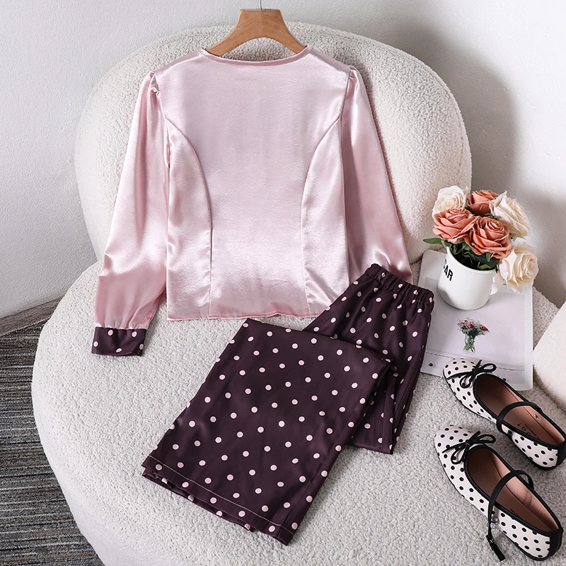 Teen Girls Glossy Fabric Casual Set, Button Front Color Block Blouse Matching High Waist Polka Dot Loose Trousers For Daily Wear