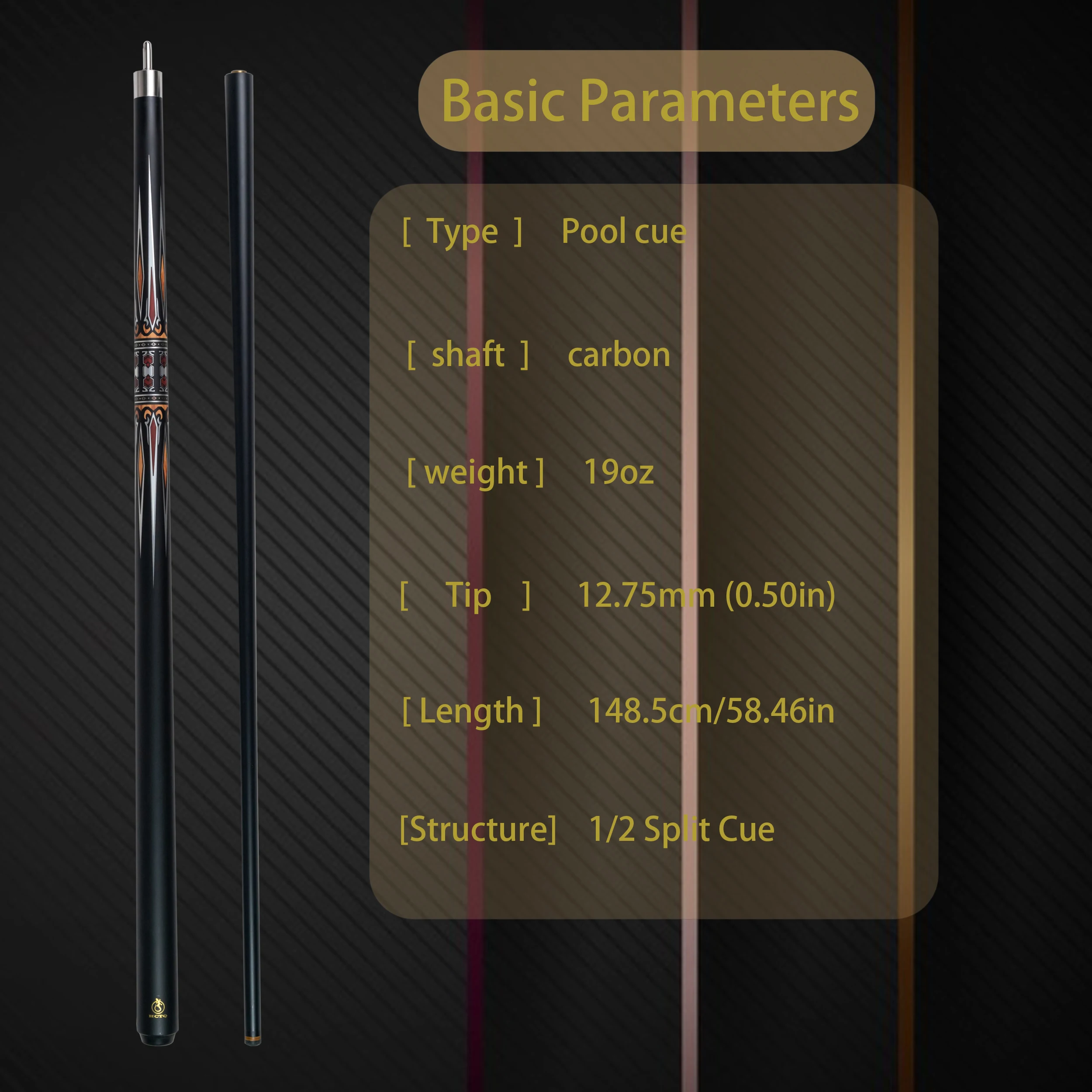 12.75mm Tip High-Quality Multi-Layered Carbon Fiber and Glass Fiber Billiard Cue with Metallic Pattern, Yellow Color, Perfect fo
