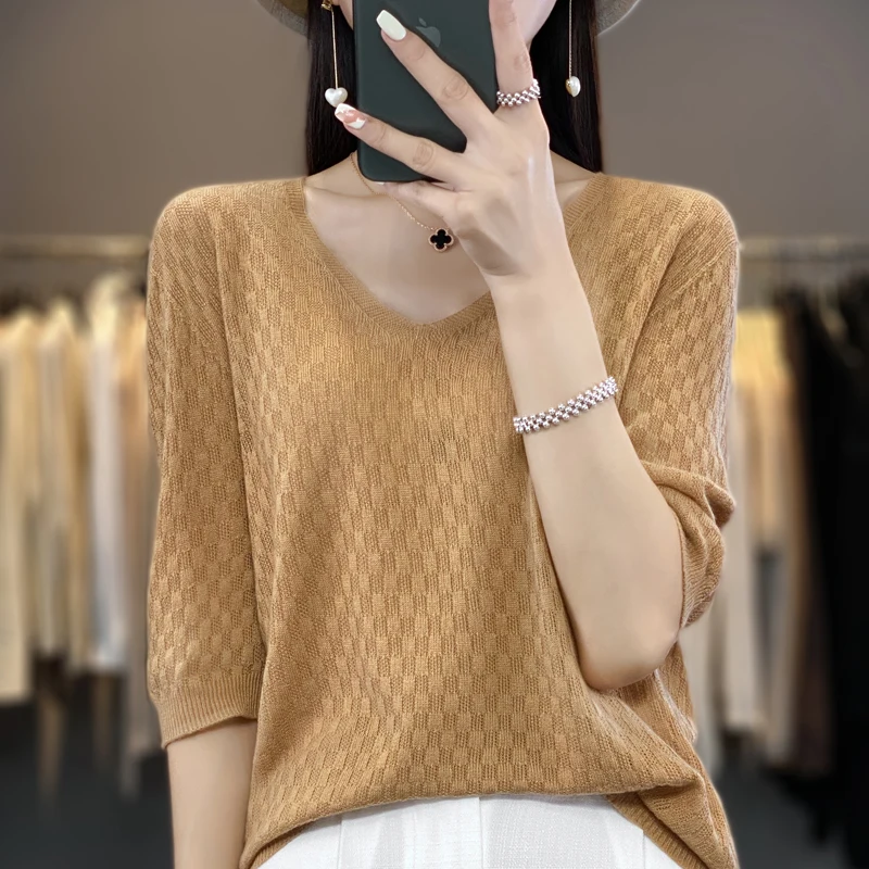 Spring Summer New Women Wool Waffle Sweater Three Quarter Sleeve V-Neck Seamless Loose Pullover T-shirt Casual Knitted Base Tops