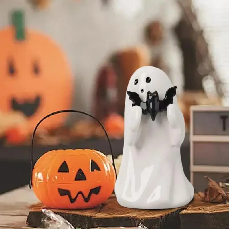 Halloween Dog Statue Ghost Holding Item Resin Figurine Table Centerpieces Whimsical Resin Ornaments For Bedroom Living Room