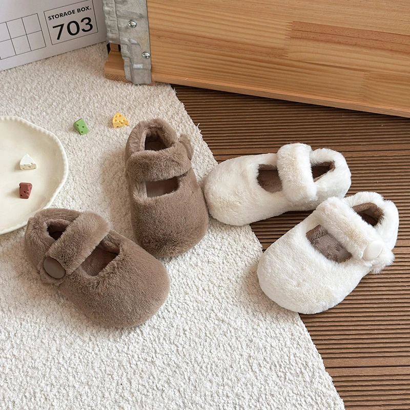 Children Winter Flats Shoes Non-slip Girls Causal Warm Plush Shoes Soft Sole Kids Simple Princess Cotton Shoes Size 21-30