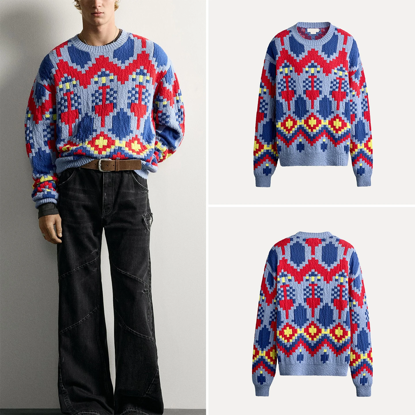 Loose Knitted Geometric Pattern Men's Shirt Individual Style Autumn Fashion Matching Casual Long Sleeve round Neck Top