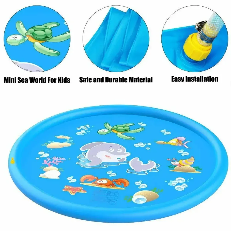 PVC Inflatable Water Spray Pad Courtyard Water Play Pad Round Outdoor Sprinkler Mat Non-Slip PVC Play Mat for Yard & Garden
