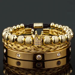 Luxury Crown Charms Stainless Steel Beads Man Bracelet Women Hand Jewelry Valentine's Day Gift Punk Handmade Metallic Pendant