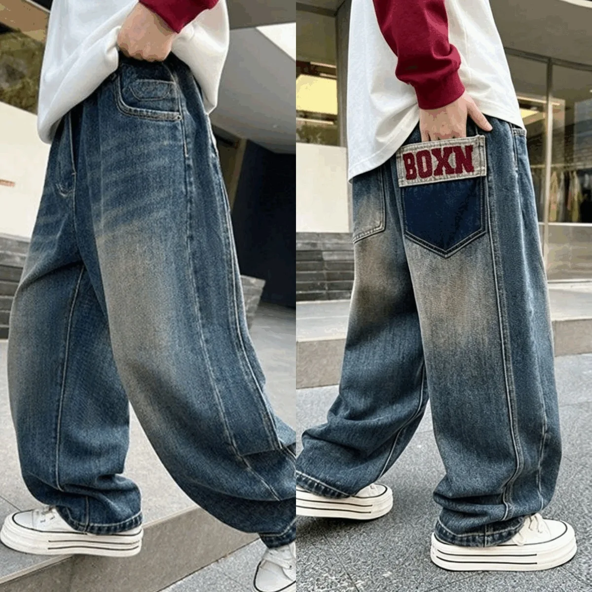 New Teenagers Boys Jeans with Pockets Letter Children Wide Leg Denim Pants for Kids Loose Trousers Spring Autumn 4-15 Yrs