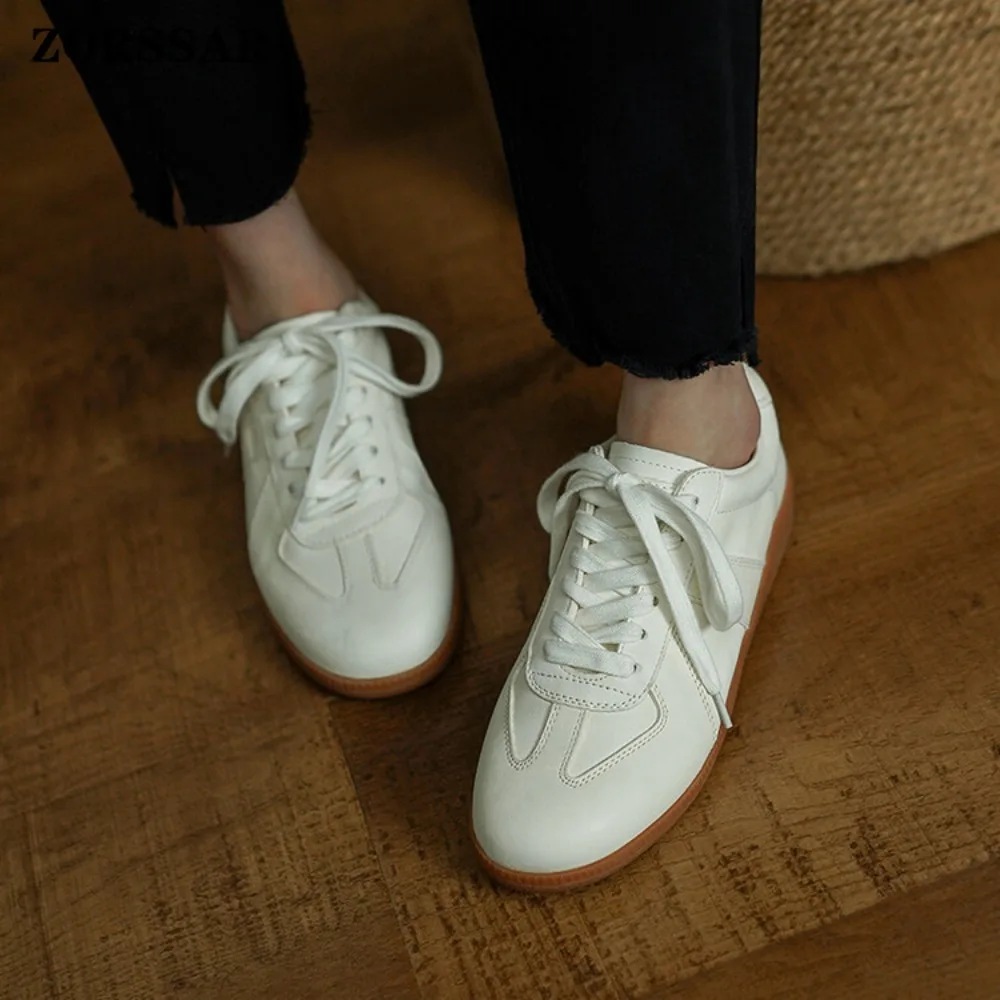 Womens Classic Leather Sneakers Minimalist Low-Top White Shoes with Gum Sole Casual Retro German Trainer Style for Daily Commute - view 3