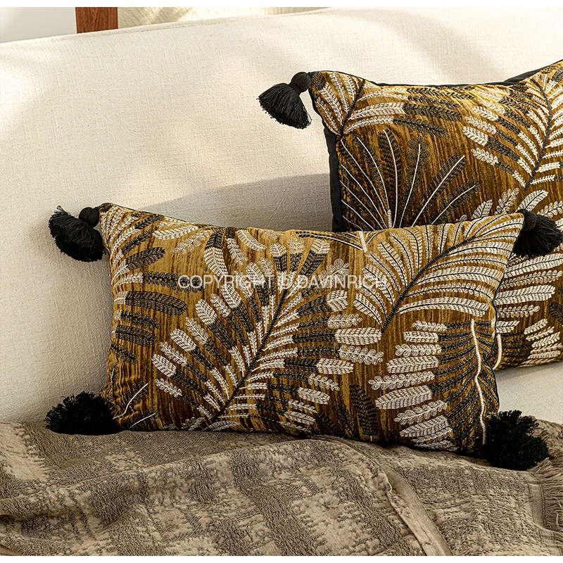 DAVINRICH Lavish Brown Gold Embroidered Leaves And Floral Motifs Embroidered Cushion Cover Botanical Decorative Pillowcase 45x45