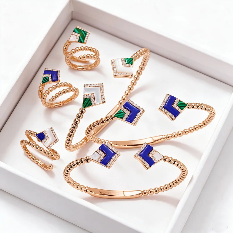 Vintage Fashion Style Ring Bracelet Women Lady Inlay Cubic Zircon Mother Of Pearl Malachite Lapis Lazuli Party Jewelry Sets