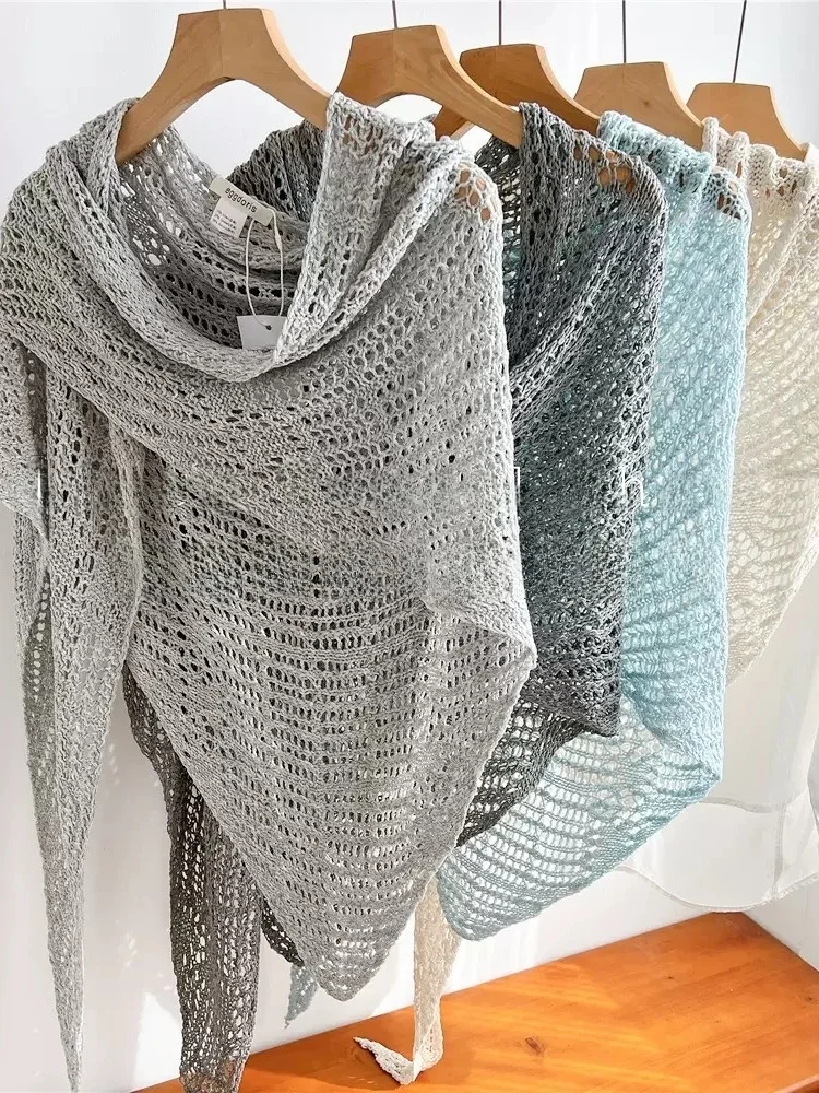 グレーのテンセルリネンショール、レディースアウターウェア、スモールキャノンショルダー、2026年新作、無地、多用途、日焼け防止スカーフ、中空構造で通気性あり