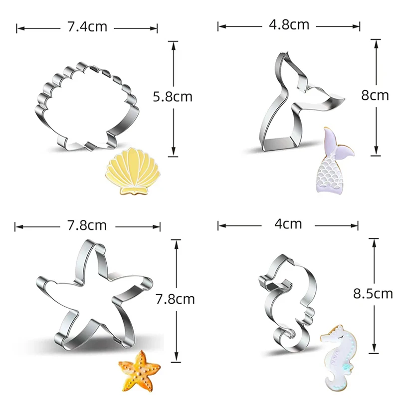 3pcs Seahorse Starfish Seashells Cookie Cutter Mold Stainless Steel Mermaid Tail Biscuit Mold Fondant Pastry Decor Baking Tools