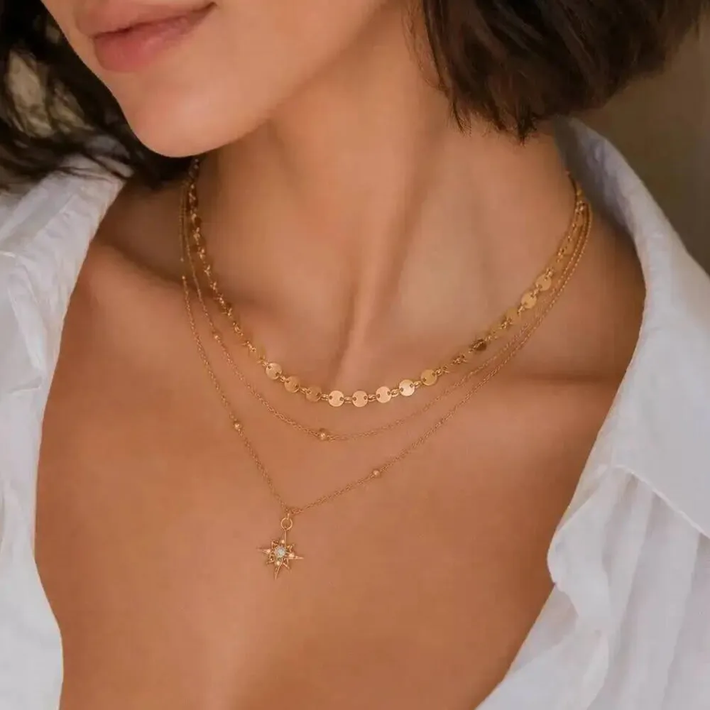 

PuRui Waterproof Gold Plated Stainless Steel Layering Chokers Necklace Women Elegant Vintage Rhinestone Star Pendant Necklace