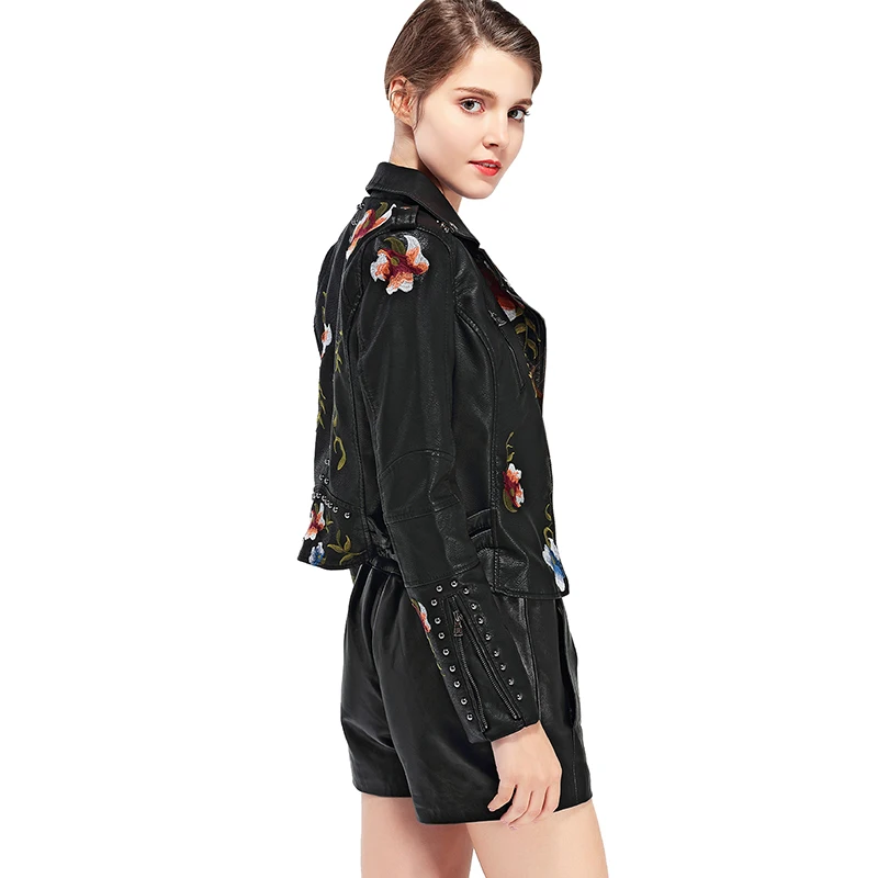 Fitaylor Women Faux PU Leather Jacket Lady High Street Motorcycle Leather Jacket Casual Floral Embroidery Rivet Coat