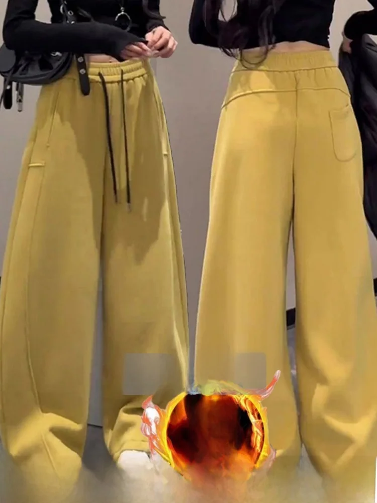 Yellow Wide Leg Pants Women's Slimming Dstring Casual Fce Lined Sports Trousers Korean Sle High Waist Commute Wind