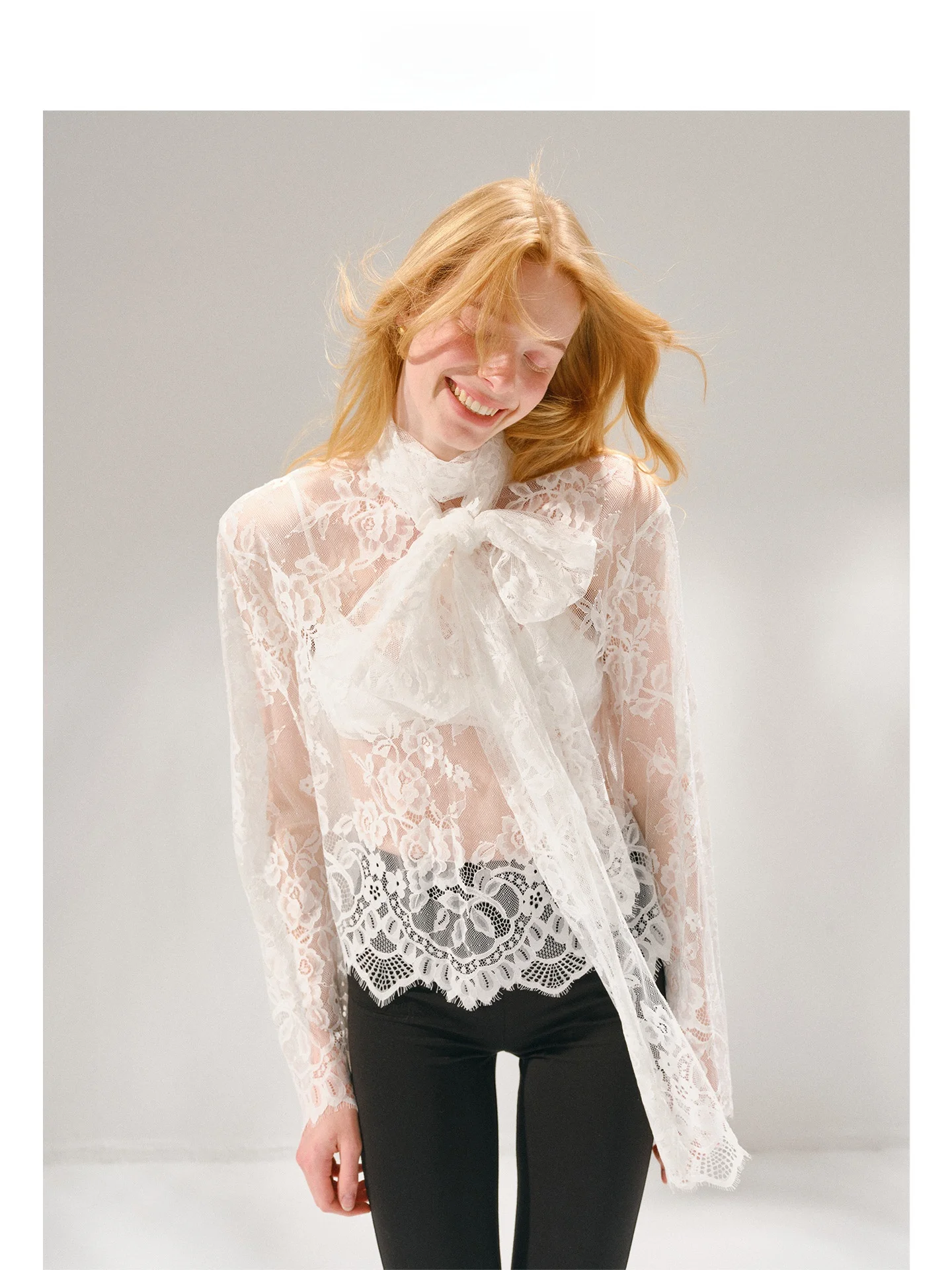 

Элегантная женская прозрачная кружевная футболка с длинным рукавом, повседневный облегающий топ из полиэстера, модный тренд весны 2026