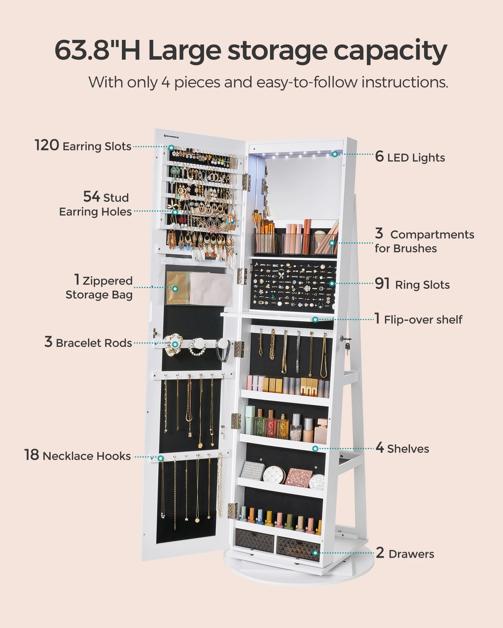 SONGMICS-خزانة مجوهرات بمرآة قابلة للقفل ، منظم ، خزانة ملابس قائمة ، مجوهرات دوارة ، 6 مصابيح ليد #5