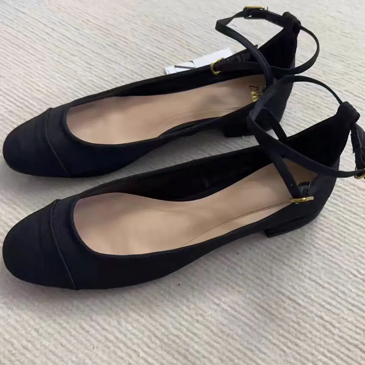 TRAF, zapatos de Ballet negros de tacón bajo para mujer, zapatos elegantes con punta redonda y correa en el tobillo, zapatos Mary Jane de otoño 2024, zapatos individuales de boca poco profunda para mujer