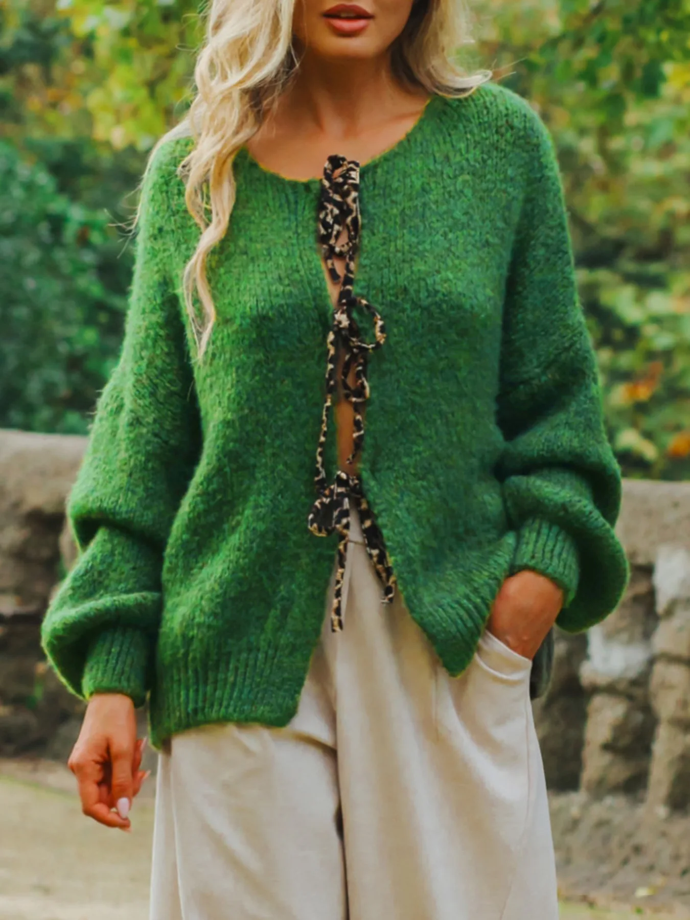 

Ladies' casual loose cardigan sweater with love leopard print pattern tied knit cardigan sweater for women