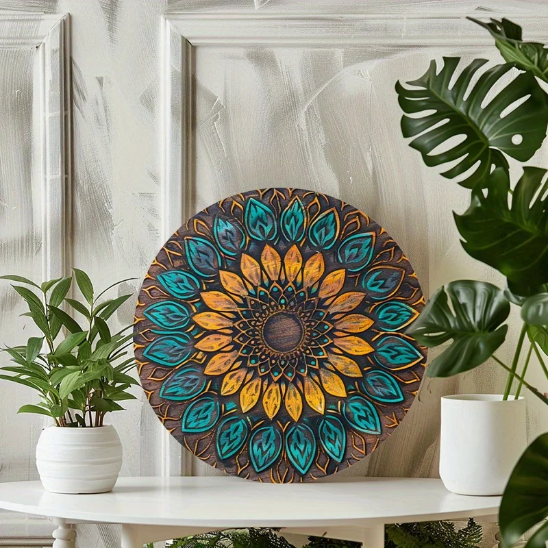 Vintage Mandala Aluminum Wall Decor Sign - 8x8 Inch, Colorful Round Metal Art for Home, Office, Garden & Kitchen - Easy Hang wit