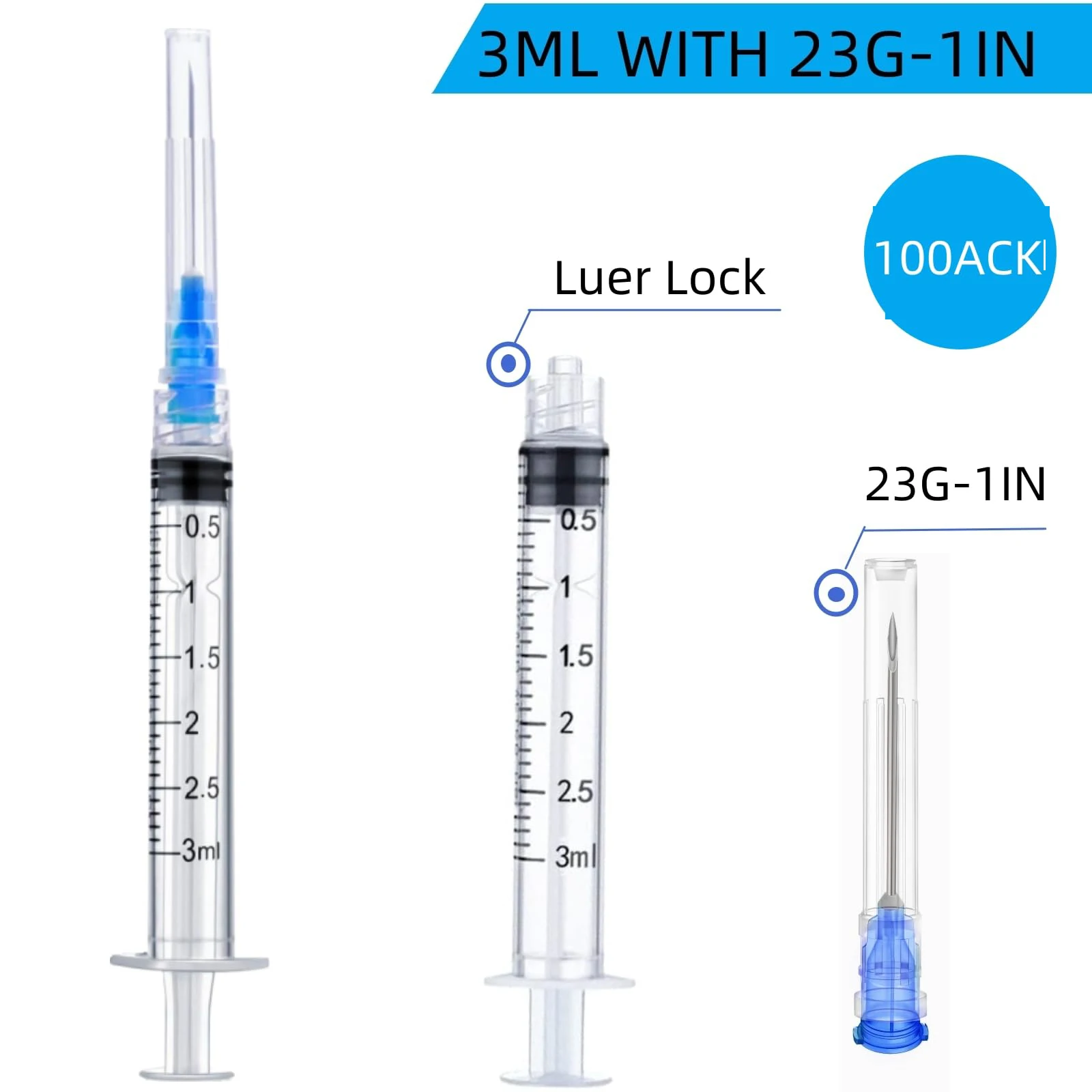 100PCS 3ml/cc Disposable Luer Lock Syringe With Needle 23G 1inch Sterile Individually Packed for Pet Farm Animal